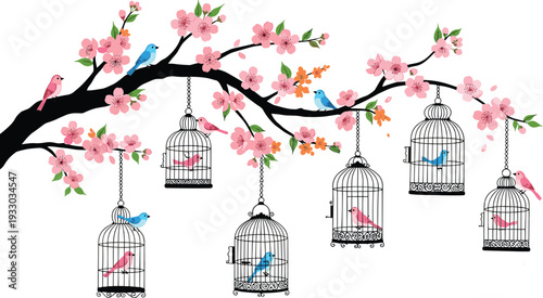 Beautiful cherry blossom branch illustration with pink flowers and colorful songbirds perched near vintage hanging birdcages isolated on white background for wall decor
