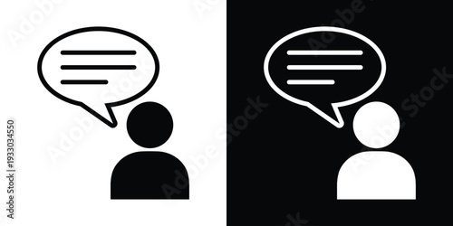 Profile icon of a human figure with a speech bubble featuring text lines. Symbolizes communication, speaking, customer support, giving a statement, or verbal interaction for web and app UI.