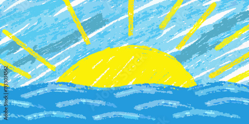 A child s drawing depicts a bright sun rising over a wavy sea
