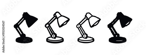 Set of four black desk lamp icons in various styles, including solid and outline designs for modern concepts.