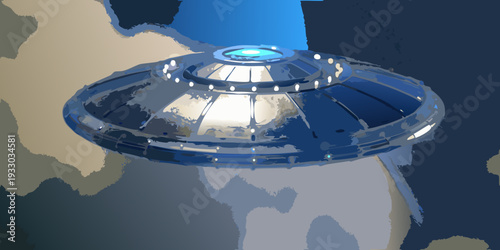 A digital painting of a metallic disc shaped unidentified flying object