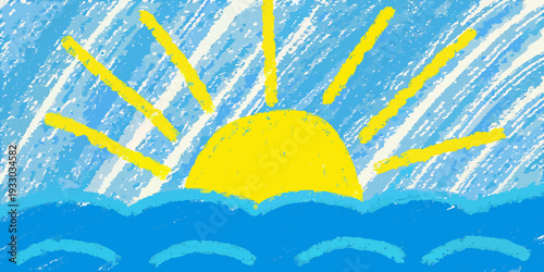 Child s crayon drawing depicts a bright sun over wavy blue water