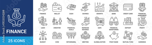 Finance icon set. Containing loan, cash, saving, financial goal, profit, budget, mutual fund, earning money and revenue icons. Line icons collection.