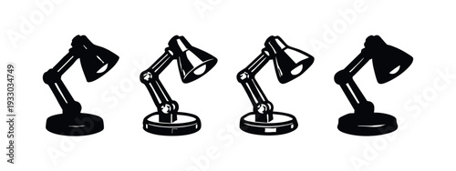 Collection of four minimalist desk lamp icons in different solid and outline black variations, on white.