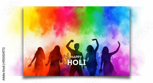 Colorful illustration of people celebrating Holi with vibrant powder and smoke in a joyful and festive atmosphere with happy silhouettes