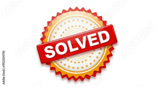 A red and yellow seal with the word solved stamped across it, indicating a problem has been resolved.