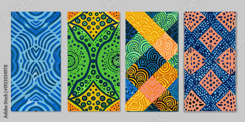 Four vibrant hand painted patterned panels displayed in a vertical arrangement
