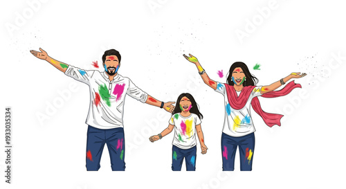 A colorful illustration of a happy family of three celebrating Holi Festival with paint powder in the air, smiling and having fun together in a joyful atmosphere