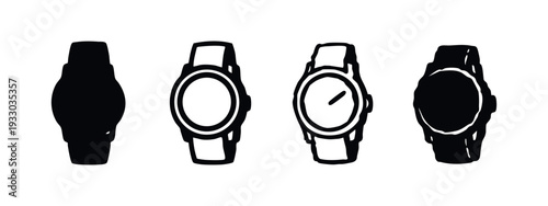 Diverse wristwatch icon collection. Symbols for smartwatches, classic timepieces, and time management.