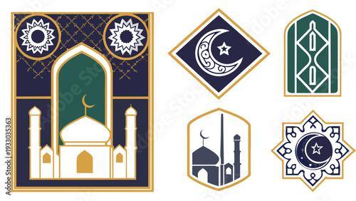 Elegant collection of Islamic architecture and cultural symbols, featuring decorative mosques, crescent moons, and stars in a clean vector art style, ideal for religious celebrations and designs