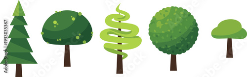 Comprehensive collection of environmental icons and stylized green trees featuring renewable energy, recycling symbols, climate change awareness, sustainable technology, and nature conservation for 