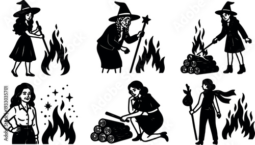 Tattoo flash witches set showing multiple witch characters tending bonfires and logs close up varied poses mystical mood silhouette illustration