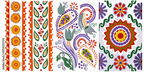 Four panels of vibrant ukrainian pysanka inspired decorative designs