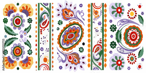 Floral and paisley patterns arranged in a repeating decorative composition