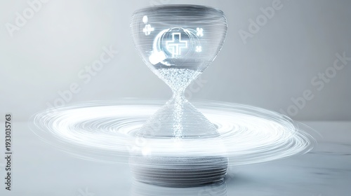 Shattered hourglass releasing medical symbols into an early treatment vortex.