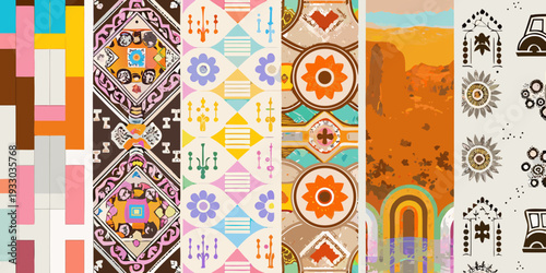Tableau sur toile A vibrant collection of colorful patterned textile designs and southwestern moti