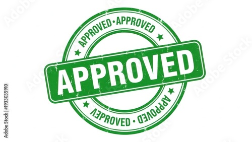 A green and white approved stamp icon on a white background with a circle and rectangle design.