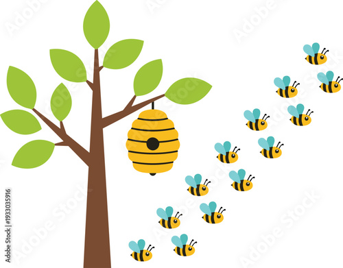 Flat vector illustration of a honey beehive hanging from a green leafy tree branch with a swarm of cute flying bees around it