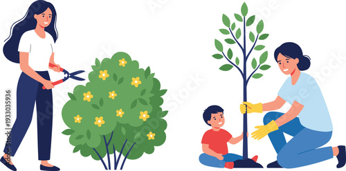 Flat vector illustration of a woman pruning flower bushes and a mother with her child planting a young tree 