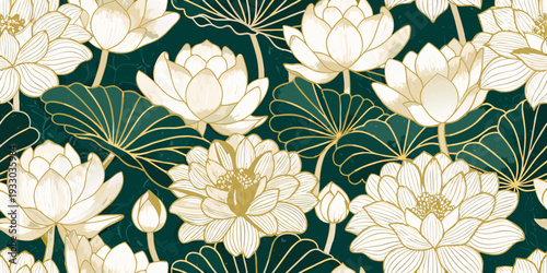 Elegant floral pattern featuring gold lined lotus flowers on dark teal