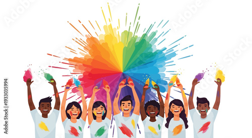 A diverse group of people celebrating Holi Festival with colorful powder and smoke in a joyful and festive atmosphere