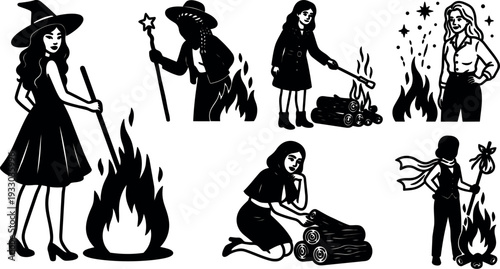 Line art witch silhouettes smiling and tending bonfires with wand logs and magic sparks close up and full body views
