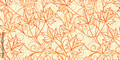 Seamless pattern of detailed orange maple leaves on a pale background