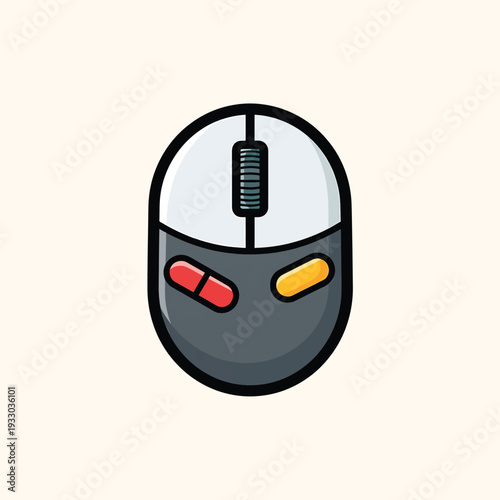 A cartoon computer mouse with a scroll wheel and two oblong buttons in shades of grey, white, red, and yellow, on a cream background