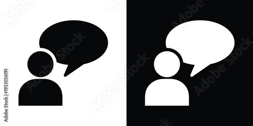 Profile icon of a human figure with a speech bubble featuring text lines. Symbolizes communication, speaking, customer support, giving a statement, or verbal interaction for web and app UI.