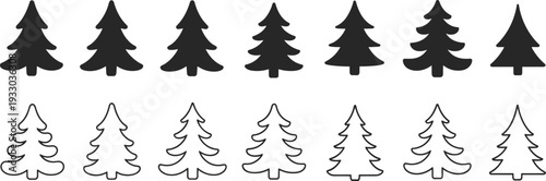 Christmas Tree Icon Set in Solid and Outline Style with Different Fir Tree Silhouettes Isolated on White Background for Holiday and Winter Design