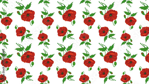 Poppies Isolated Hand Drawn Pattern Red White Flowers Leaves Love Heart Romantic Girly Textile Seamless No Background Transparent Floral Design Graphic repeated editable