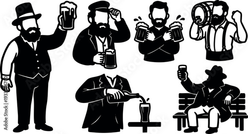 Vintage silhouette vector of bearded men raising pints and pouring beer from bottle and barrel on park bench cheering casual