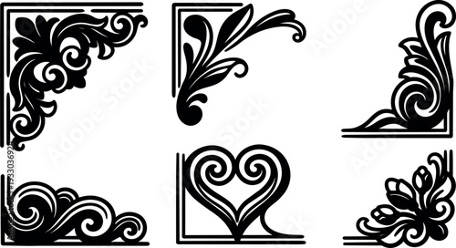 Ornate art deco corner ornaments vector set six decorative flourish corners in black silhouette for vintage frame border elegant trim