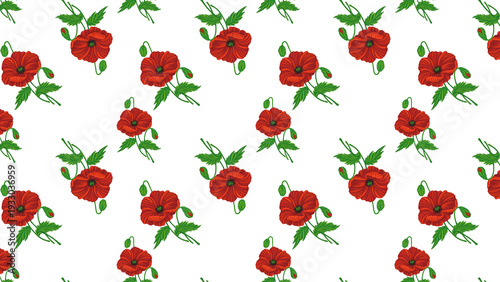Poppies Isolated Hand Drawn Pattern Red White Flowers Leaves Love Heart Romantic Girly Textile Seamless No Background Transparent Floral Design Graphic repeated editable