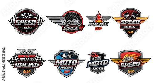 Motorcycle racing logos collection with speed and racing elements.