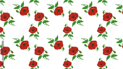 Poppies Isolated Hand Drawn Pattern Red White Flowers Leaves Love Heart Romantic Girly Textile Seamless No Background Transparent Floral Design Graphic repeated editable