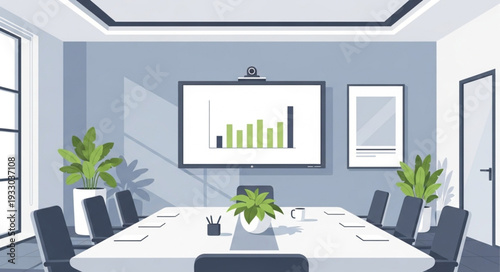 Modern conference room with a large screen displaying a business graph.