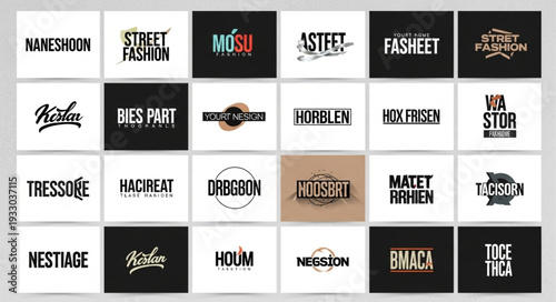 Collection of various brand logos and text designs in a grid layout, showcasing diverse typography styles.