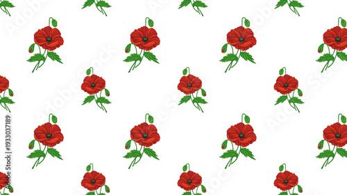 Poppies Isolated Hand Drawn Pattern Red White Flowers Leaves Love Heart Romantic Girly Textile Seamless No Background Transparent Floral Design Graphic repeated editable