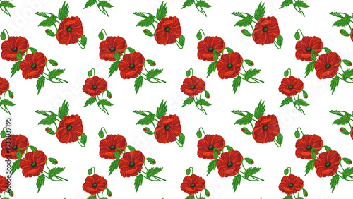 Poppies Isolated Hand Drawn Pattern Red White Flowers Leaves Love Heart Romantic Girly Textile Seamless No Background Transparent Floral Design Graphic repeated editable