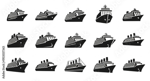 Collection of various cruise ships in black and white, perfect for travel concepts.