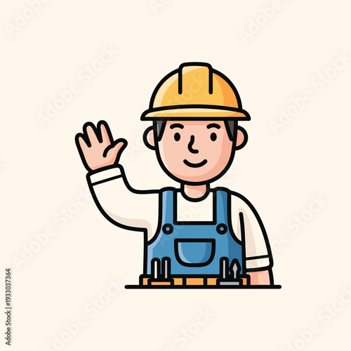 A cartoon construction worker with a yellow hard hat and blue overalls waves hello against a light cream-colored background