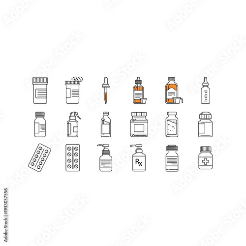 Medical and Pharmacy Icons: Pills, Bottles, and Droppers