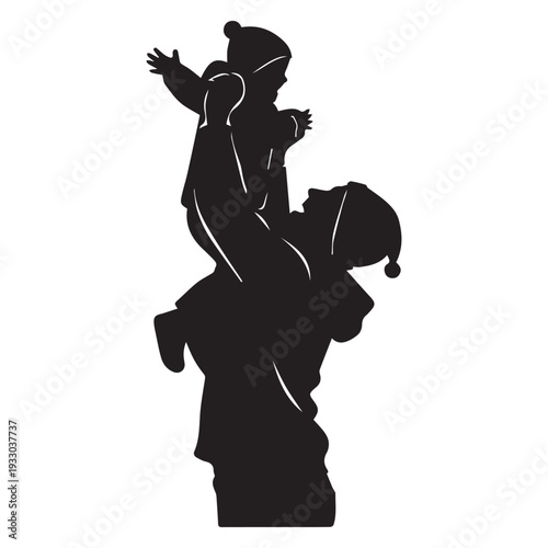 Silhouette of man carrying child, happy family, winter, love
