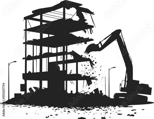 Building Demolition Silhouette with Excavator Tearing Down Structure Isolated on White Background for Construction, Urban Renewal, Wrecking and Industrial Destruction Concepts