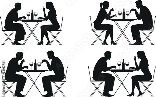 Couple dining silhouettes collection isolated on white background, romantic restaurant date scenes with wine glasses, man and woman conversation icons for lifestyle design.