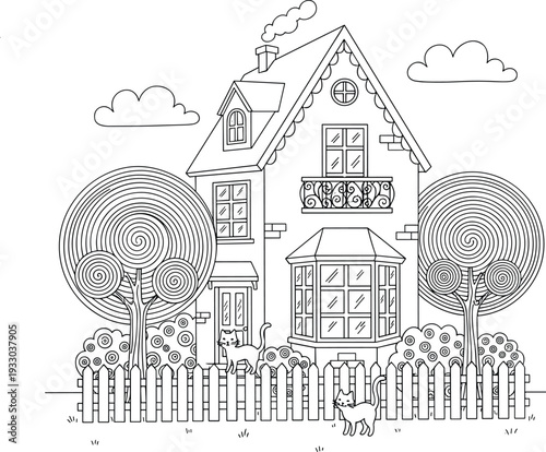 Hand drawn coloring book page for adults and children featuring a cozy suburban house with decorative trees cats a picket fence and fluffy clouds.