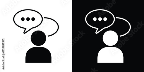 Profile icon of a human figure with a speech bubble featuring text lines. Symbolizes communication, speaking, customer support, giving a statement, or verbal interaction for web and app UI.