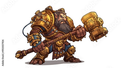 Steampunk Dwarf Warrior with Golden Mechanical Armor and Giant Hammer 