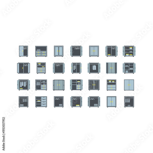 Set of isometric icons for kitchen cabinets and drawers
